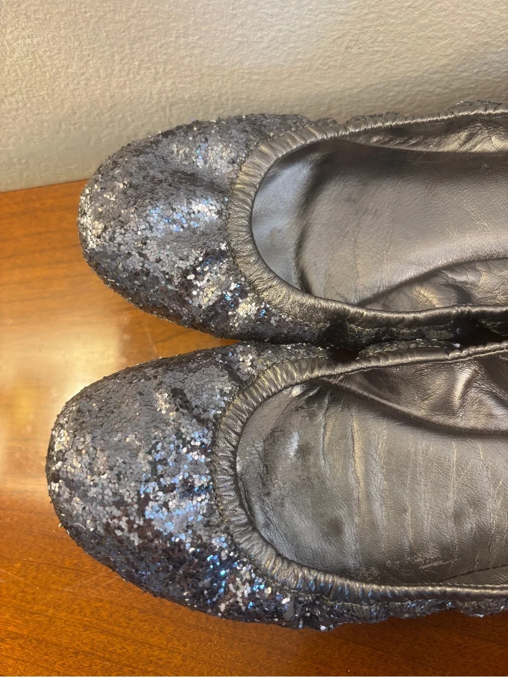 Tory Burch Eddie Pewter Leather Glitter Ballet Flats